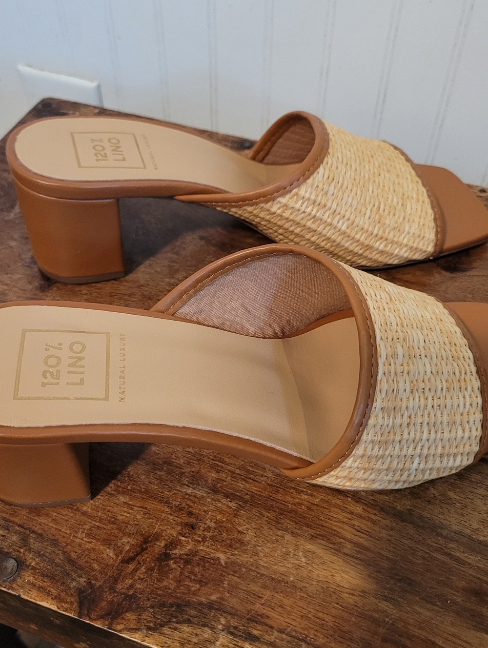 120% Lino Raffia Slide Sandals Block Heel  Size US 8.5 EU39  Tan Natural NWOB - Picture 7 of 10
